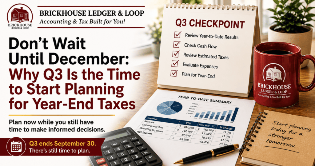 Q3 year-end tax planning checklist showing year-to-date financial results, cash flow, estimated taxes, expenses, and year-end planning