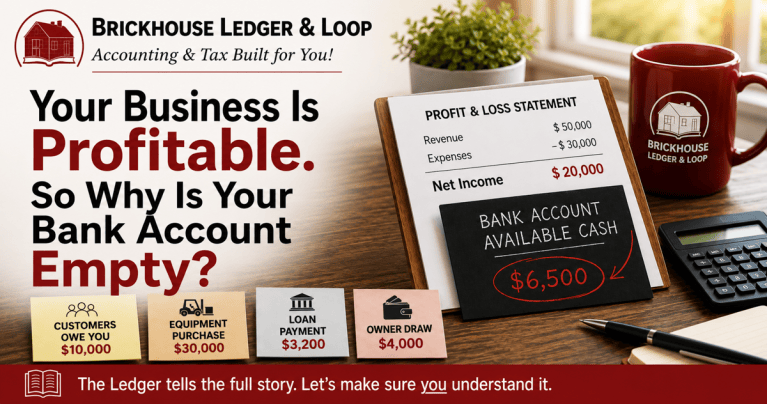 Business financial statements showing $20,000 net income and $6,500 available cash