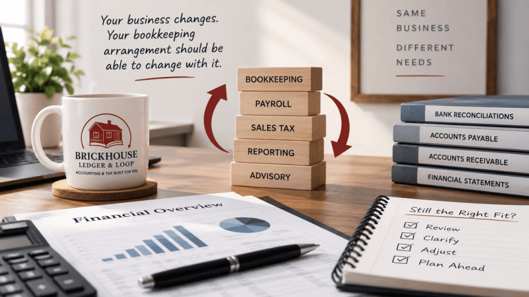 Accounting desk illustrating bookkeeping responsibilities and evaluating whether an arrangement still fits a business